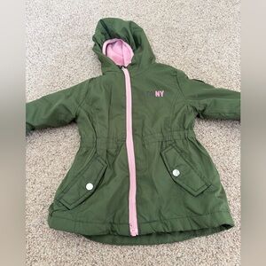 DKNY Girls Hooded Windbreaker Jacket Sherpa Green & Pink Greyed Green 5/6